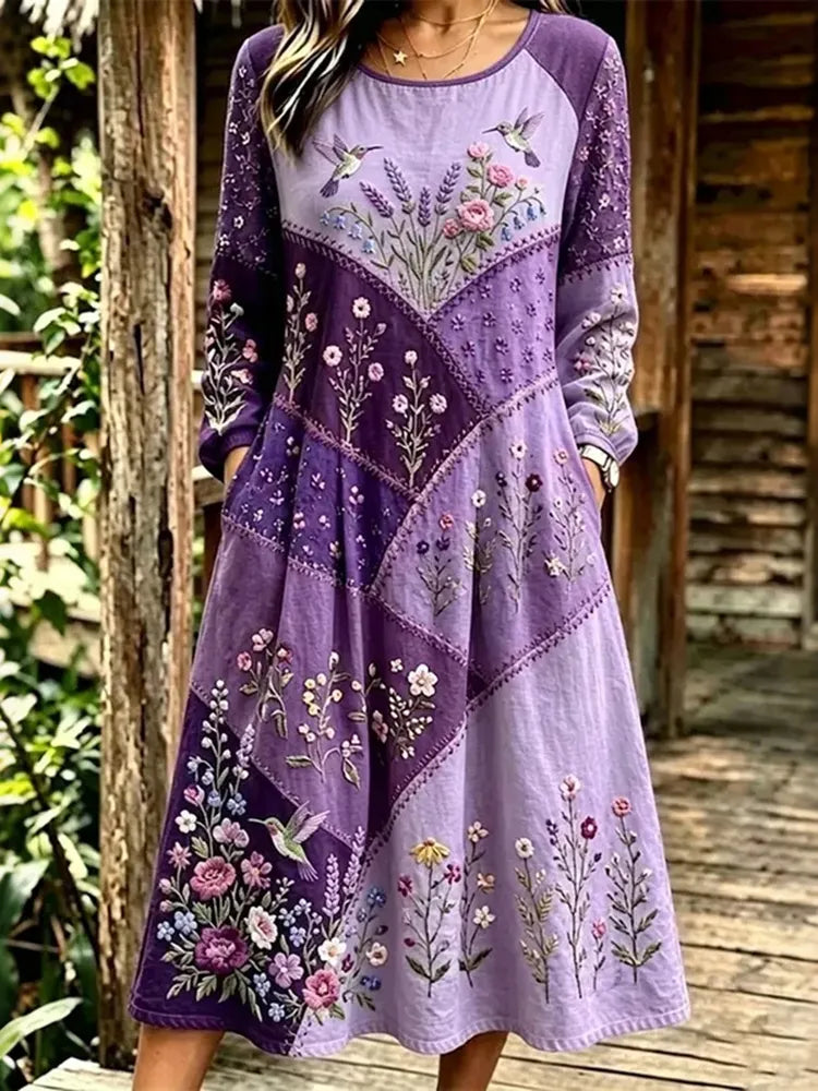 Women's Retro Floral & Hummingbird Patchwork Art Casual Long-sleeved Dress