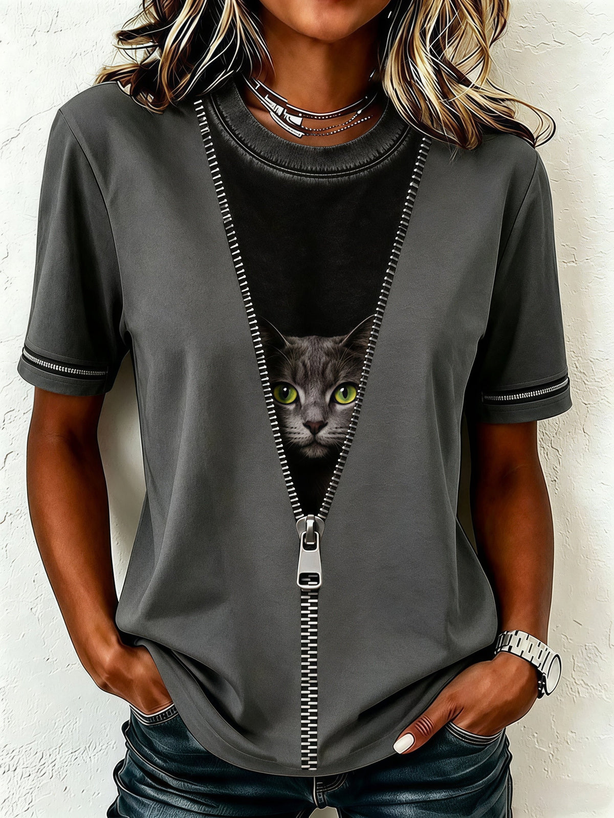 Women's Cat Themed Animal Print T-Shirt