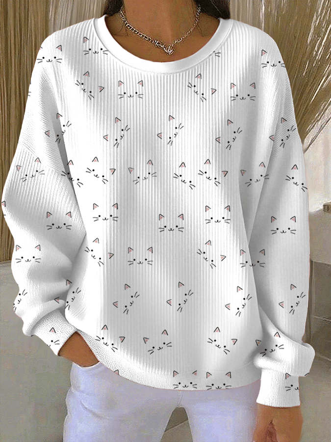 Women's Cute Cat Print Knitted Crew Neck Long Sleeve Top