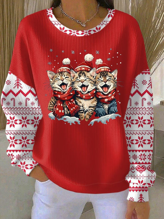 Women's Christmas Cat Print Knit Crew Neck Long Sleeve Top