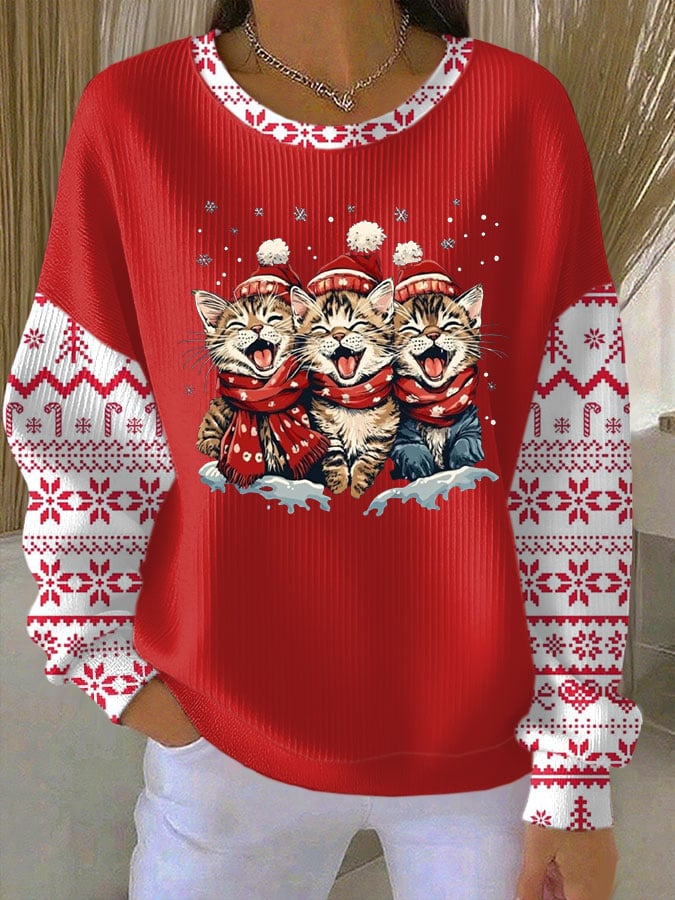 Women's Christmas Cat Print Knit Crew Neck Long Sleeve Top