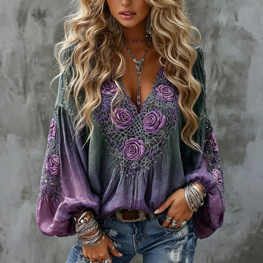 Women's Retro Boho Purple Floral Art Cotton Linen V Neck T-shirt