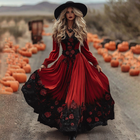 Women's Vintage Halloween Black Roses Art Comfy Velvet Maxi Dress