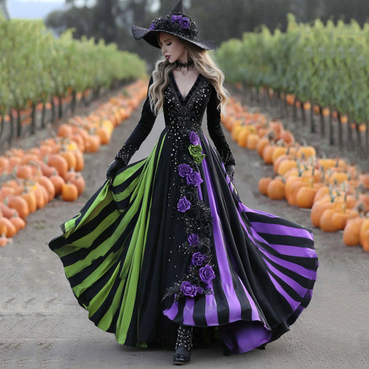 Women's Halloween Black Green Purple Stripes Art Comfy Velvet V Neck Maxi Dress