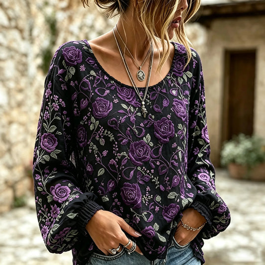Women's Retro Floral Embroidery Cotton Linen Round Neck Long Sleeve Top