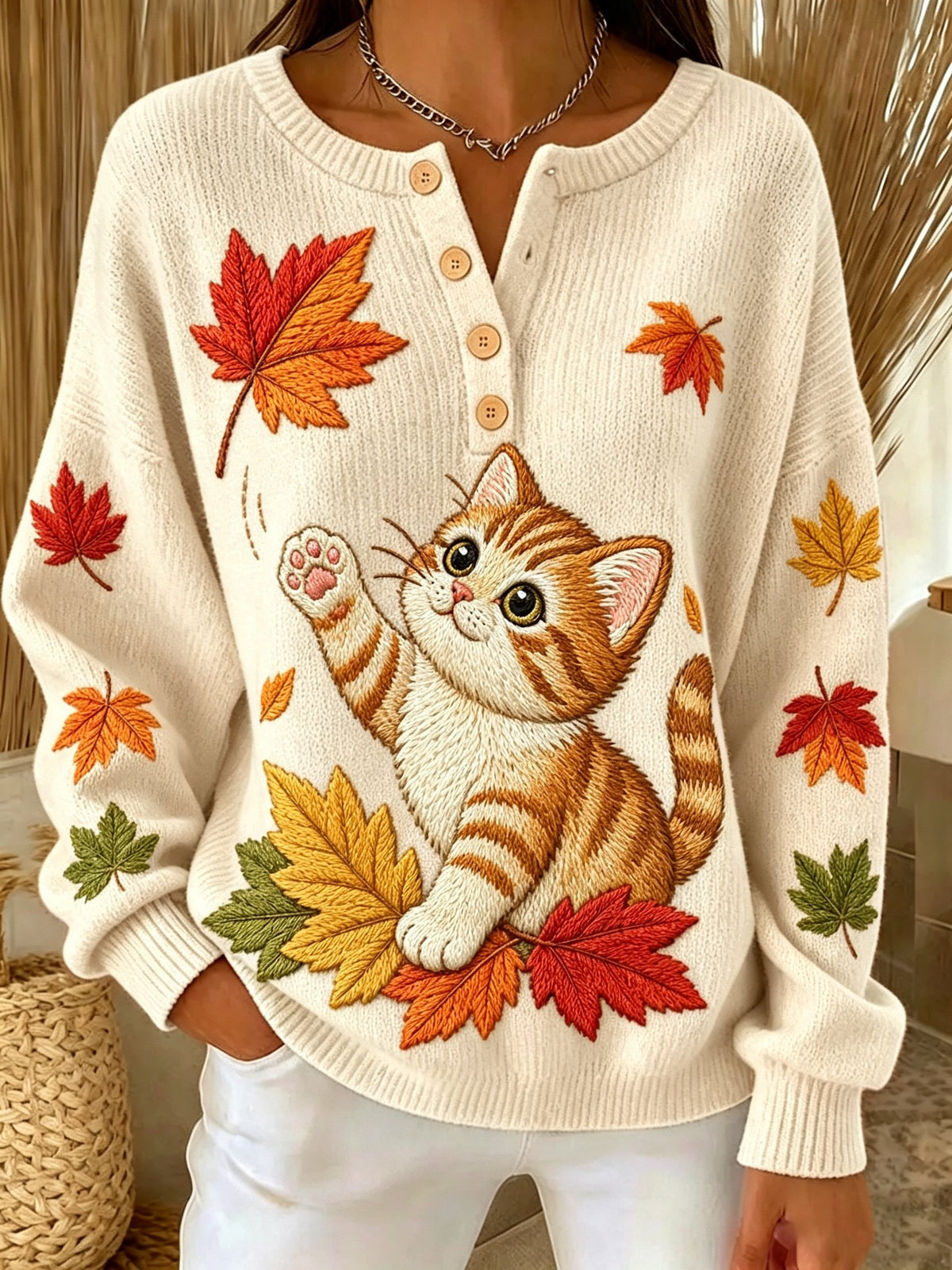 Women's Autumn Knit Top With Button Collar And Maple Leaf & Cat Print
