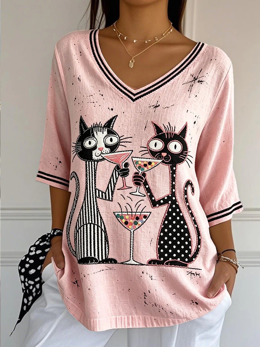 Women's Cartoon Polka-Dot Kitten V-Neck Loose-Fit Mid-Sleeve Top