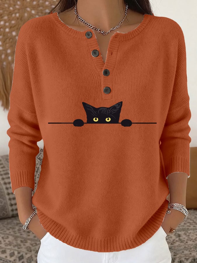 Women's Casual Cat Print Knit Top
