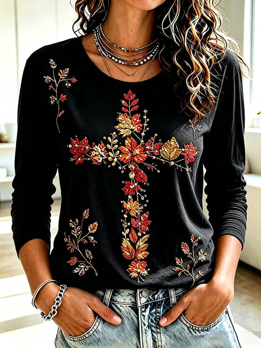 Women's Retro Autumn Cross Print T-shirt