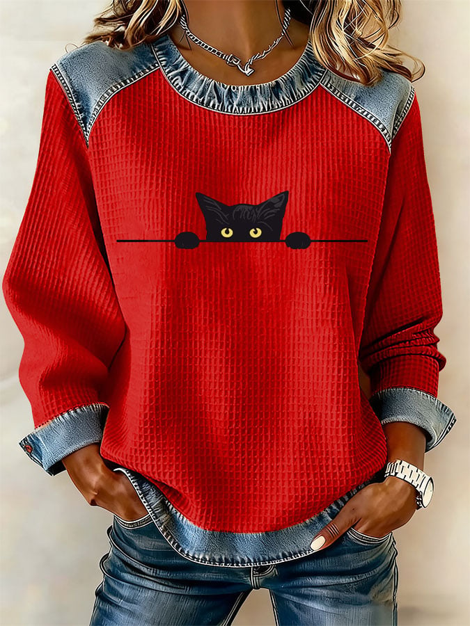 Women's Retro Cat Print Sweatshirt