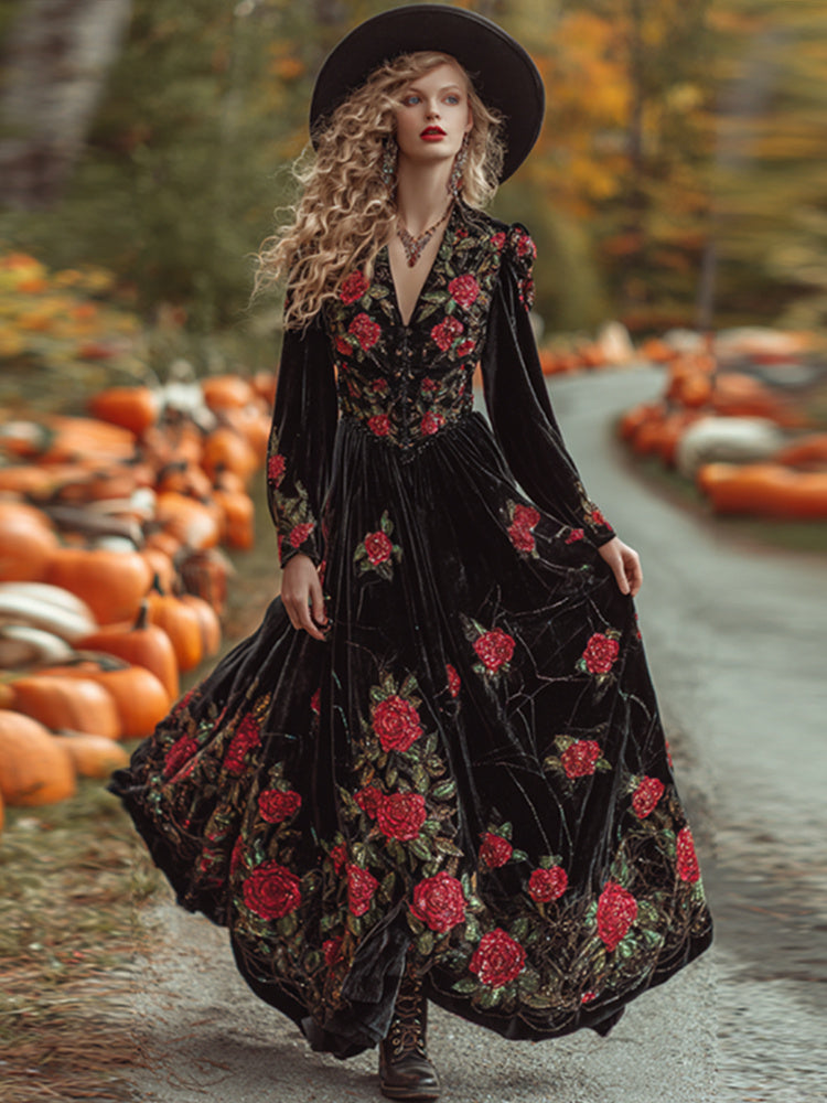 Women's Vintage Halloween Rose Art Comfy Velvet Maxi Dress