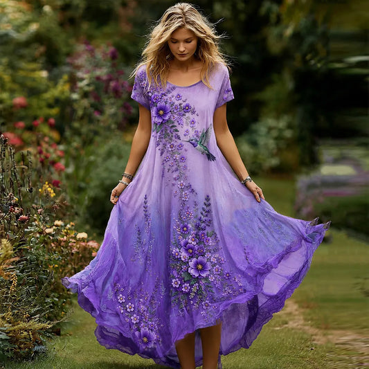 Women's Purple Floral Hummingbird Print Alzheimer's Disease Care Casual Dress