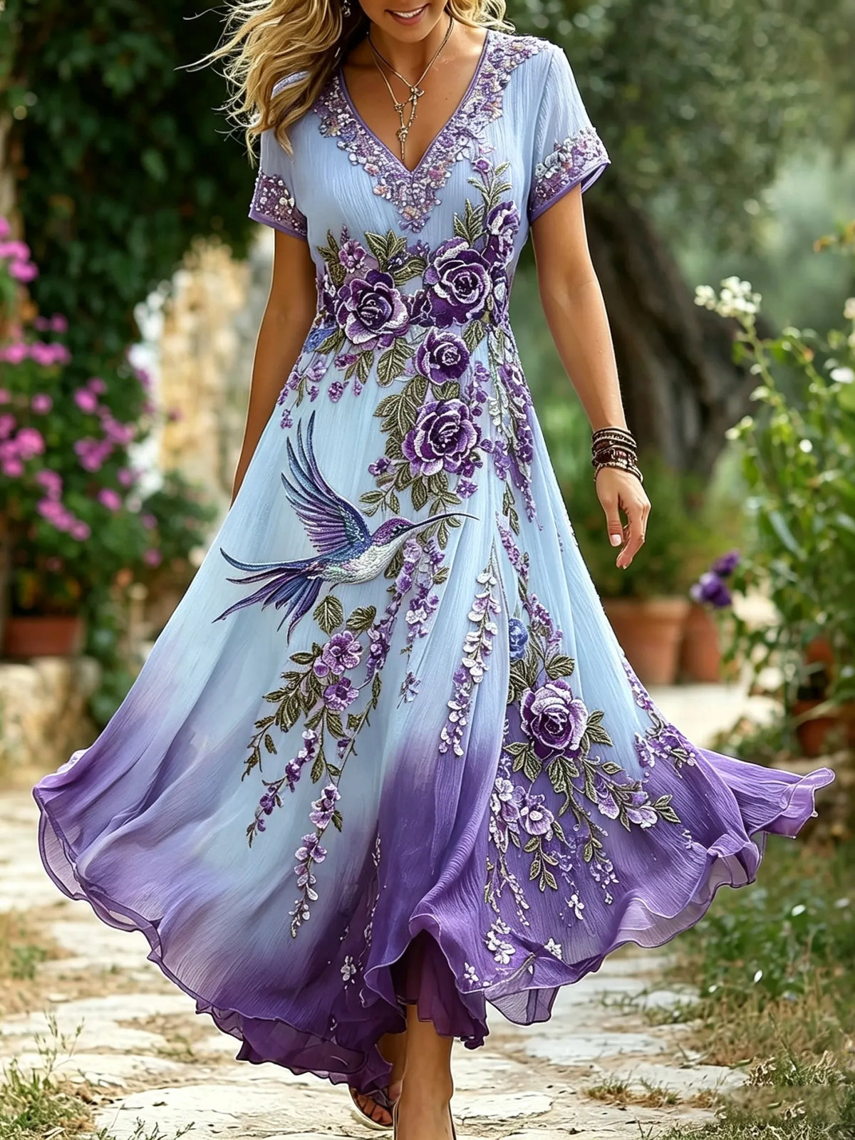 Women's Purple Rose Hummingbird Embroidery Print Alzheimer's Awareness V-neck Dress