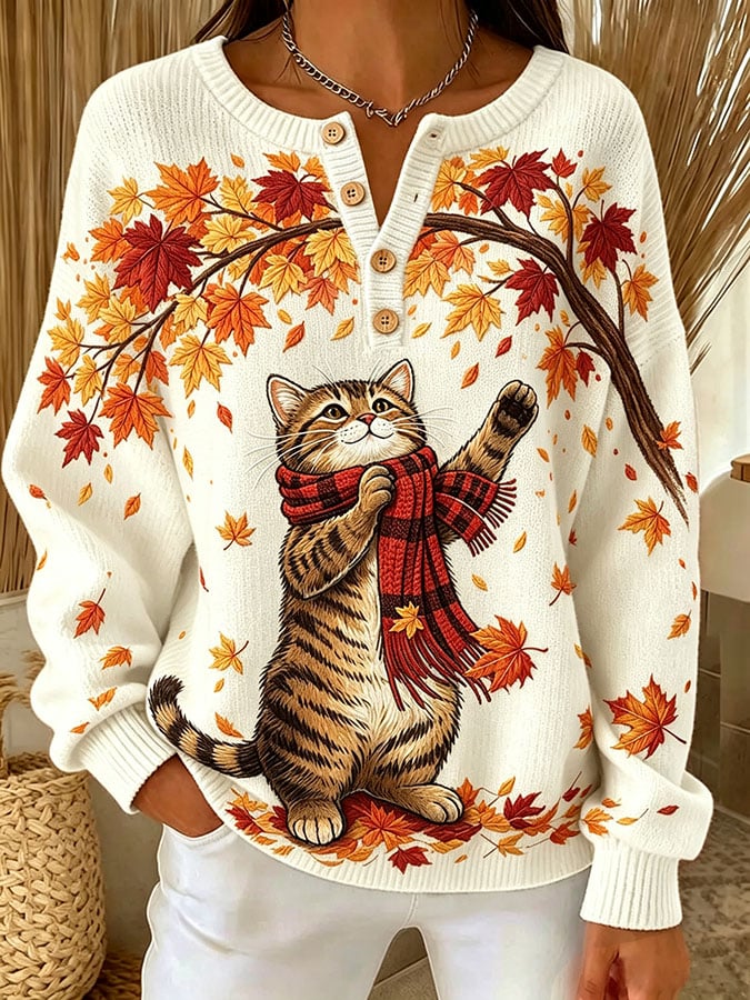 Women's Casual Print Button-Up Collar Knit Top