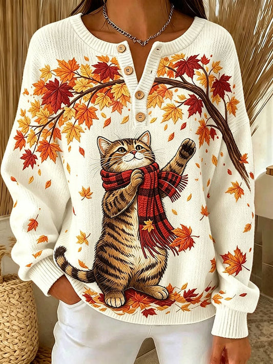 Women's Casual Print Button-Up Collar Knit Top