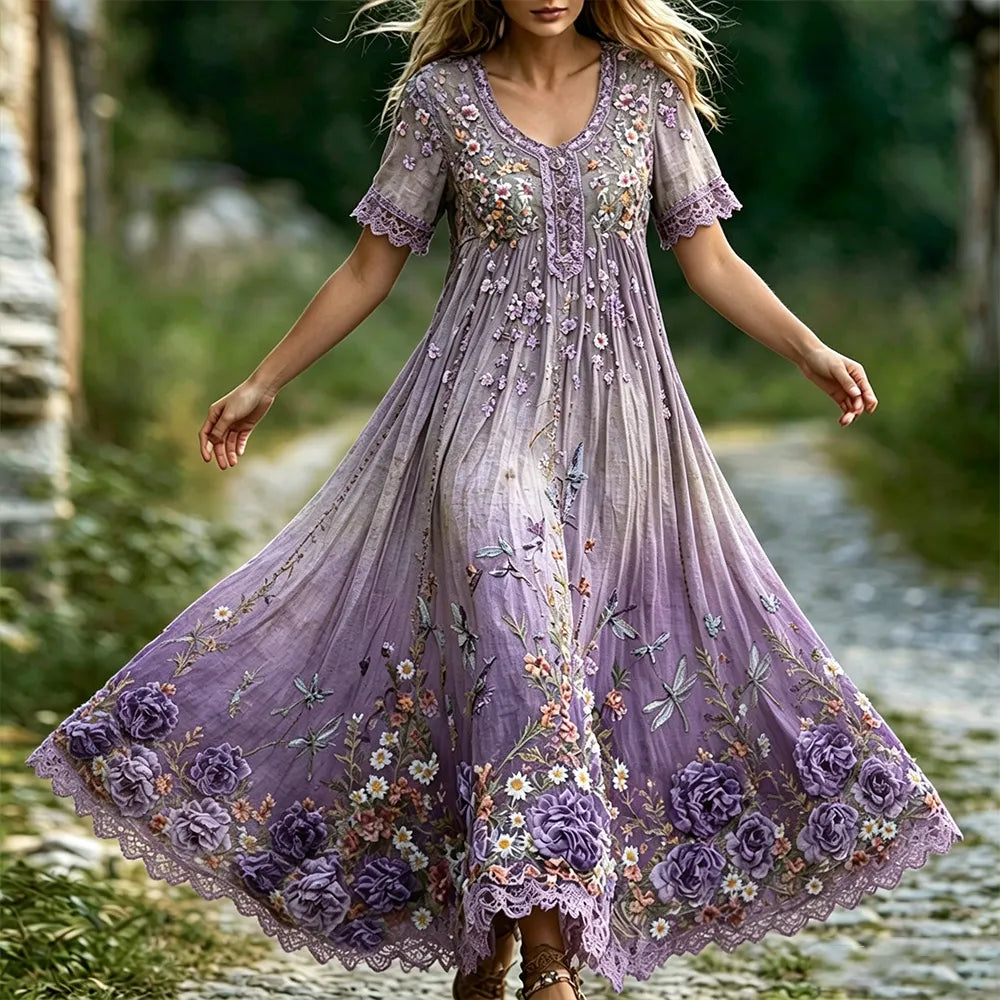 Women's Vintage Purple Floral And Dragonfly Art Cotton Linen V-neck Short Sleeve Dress