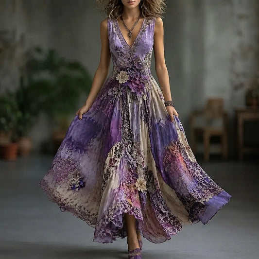 Women's Boho Purple Tie-dye Floral Lace Heavy Embroidered Maxi Dress