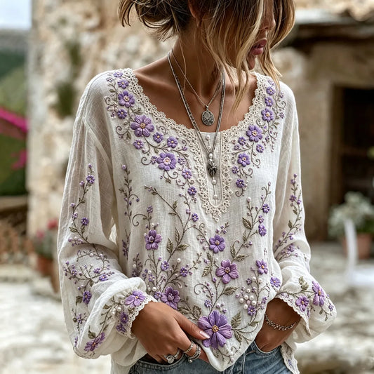 Women's Retro Floral Art Flowy Long Sleeve Linen T-shirt