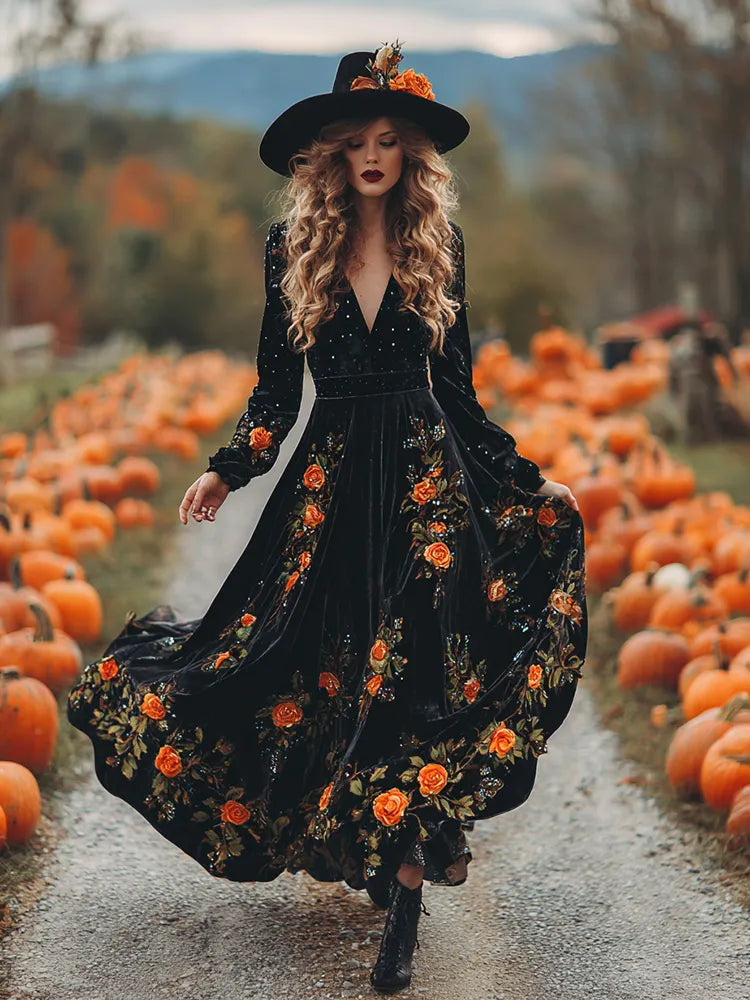 Women's Vintage Halloween Autumn Floral Art Comfy Velvet Maxi Dress