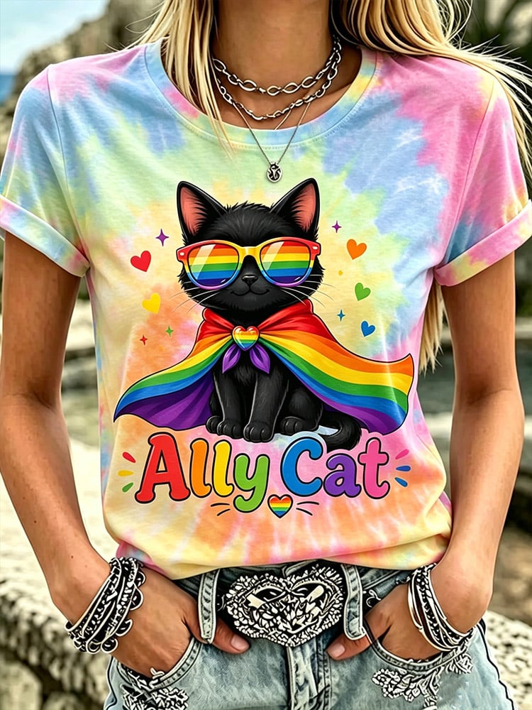 Women's Rainbow Cat Pride Month Print T-Shirt