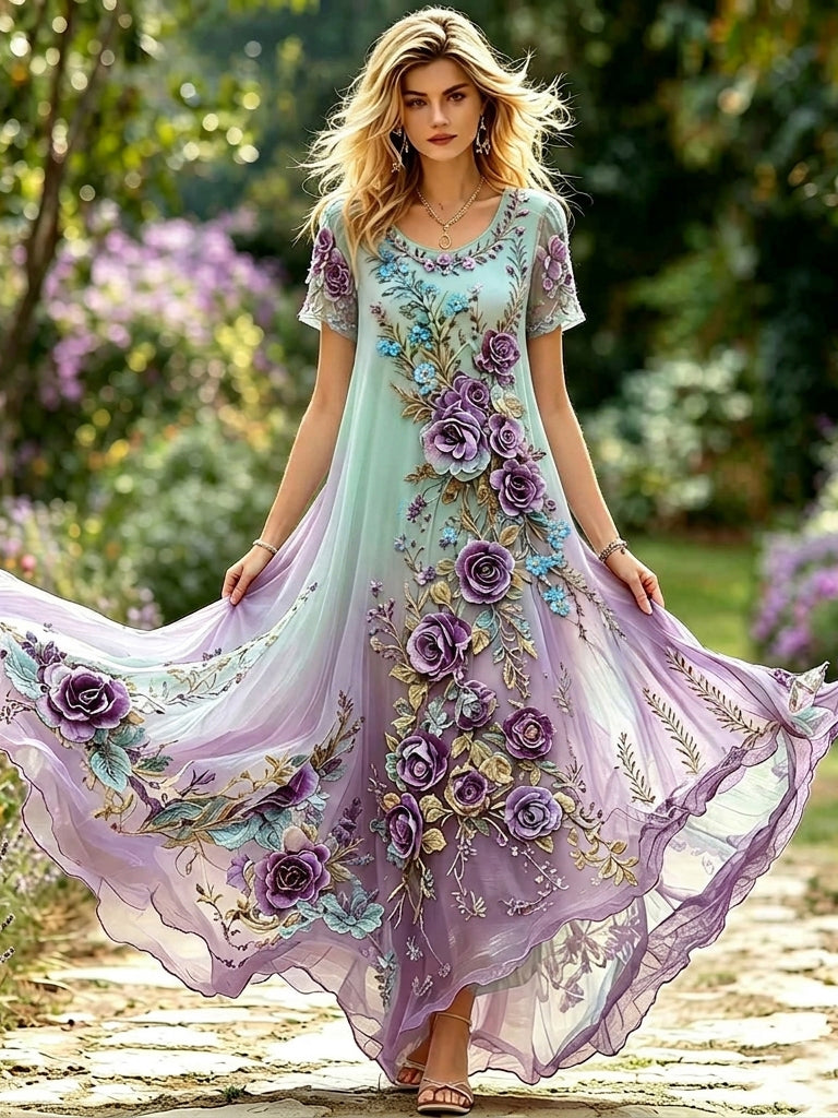 Women's Retro Floral Embroidery Gradient Pattern Round Neck Long Dress