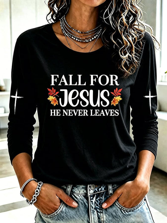 Women's Retro Fall For Jesus He Never Leaves Print T-shirt