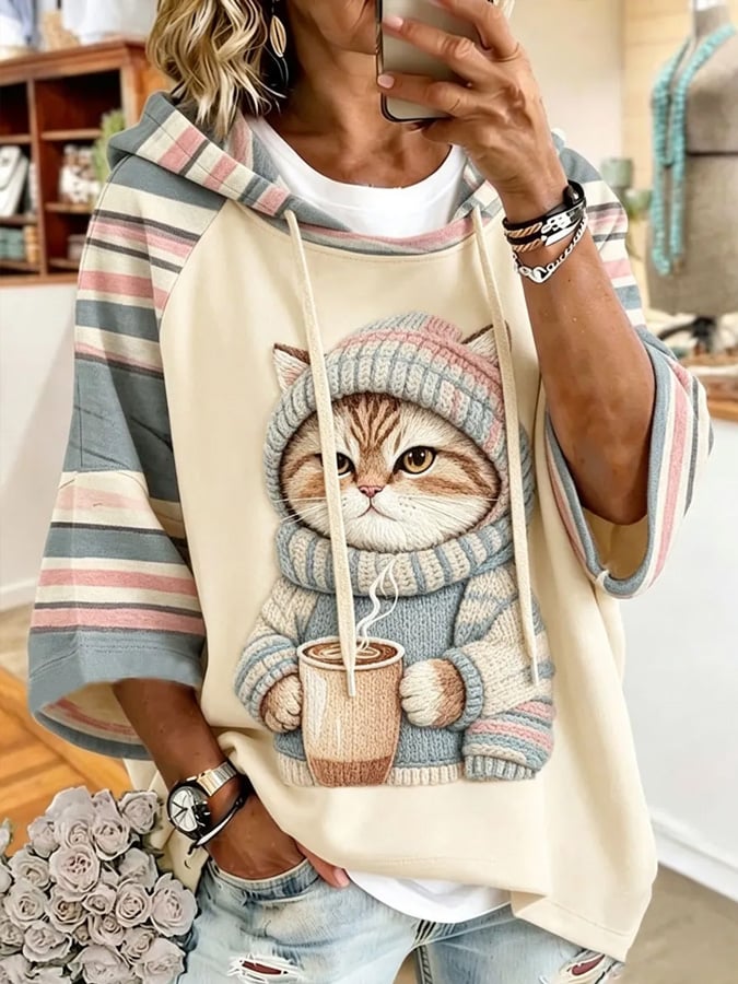 Women's Loose-Fit Casual Cat-Print Sweatshirt