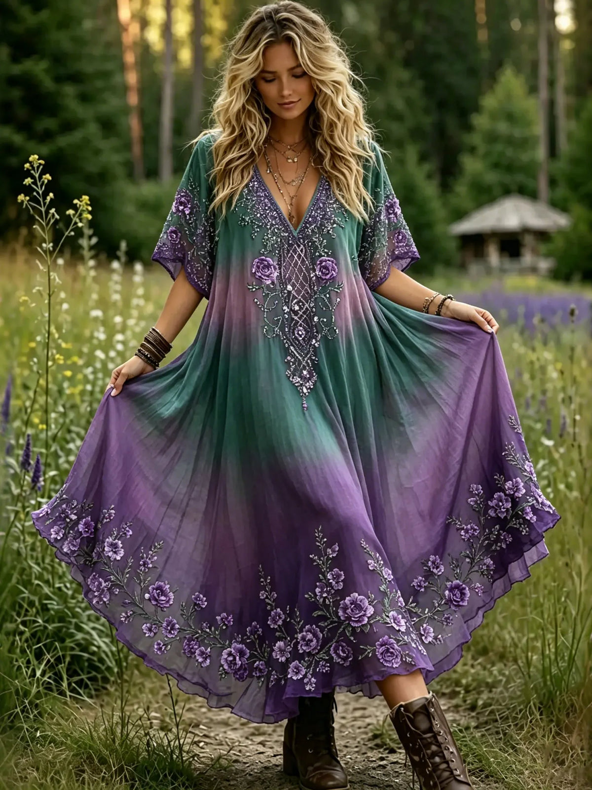 Women's Vintage Purple Floral Gradient Art Embroidered Linen Casual V Neck Dress