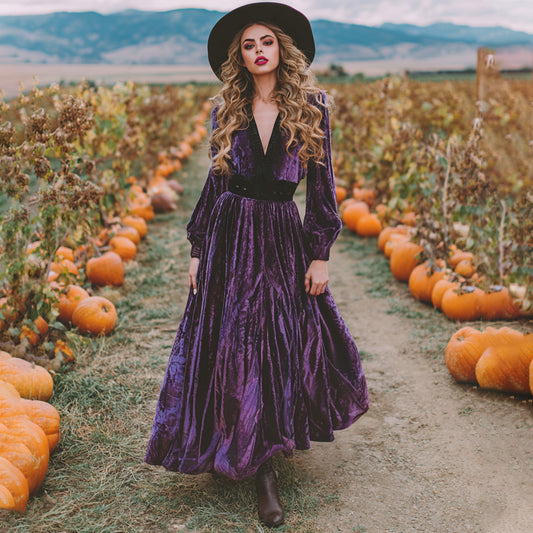 Women's Vintage Halloween Purple Art Comfy Velvet Maxi Dress