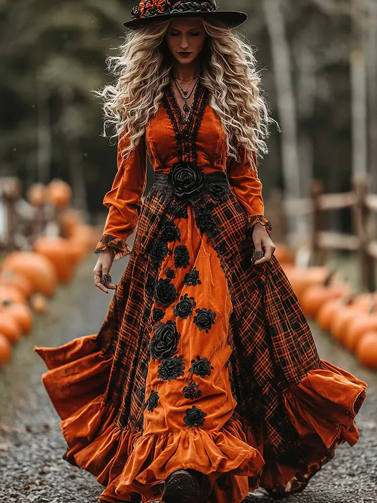 Women's Classic Halloween Black Roses And Orange Plaid Art Comfy Velvet Maxi Dress