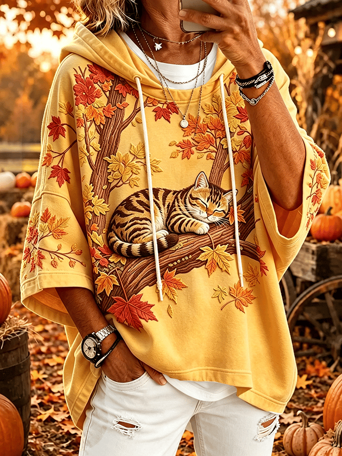 Women's Autumn Maple Leaf Animal Cat Pattern Comfortable Hooded Sweatshirt