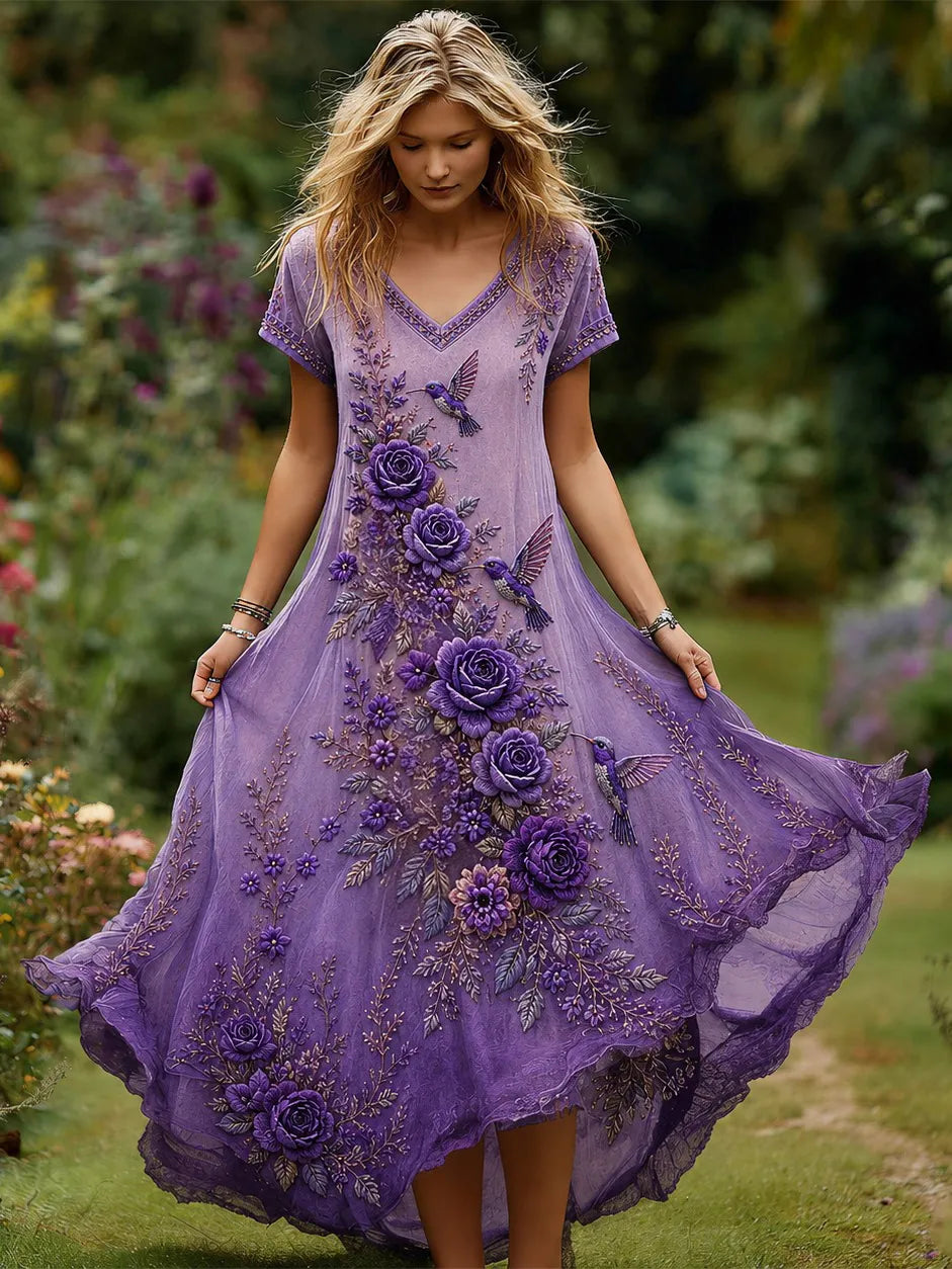 Women's Purple Floral Hummingbird Print Alzheimer's Disease Care Casual V-neck Dress