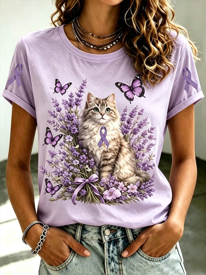 Women's Purple Floral Cat-Print T-Shirt