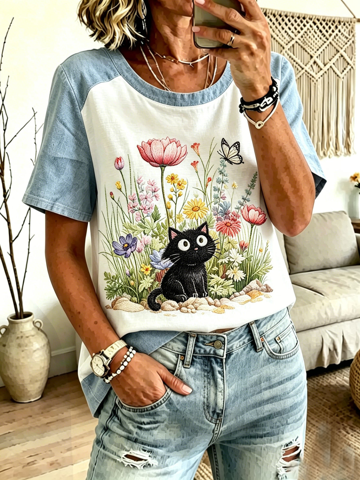 Women's Floral Cat Print Denim Patchwork Top