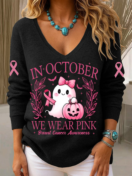 Women's Breast Cancer Awareness Print Long Sleeve Knit Top