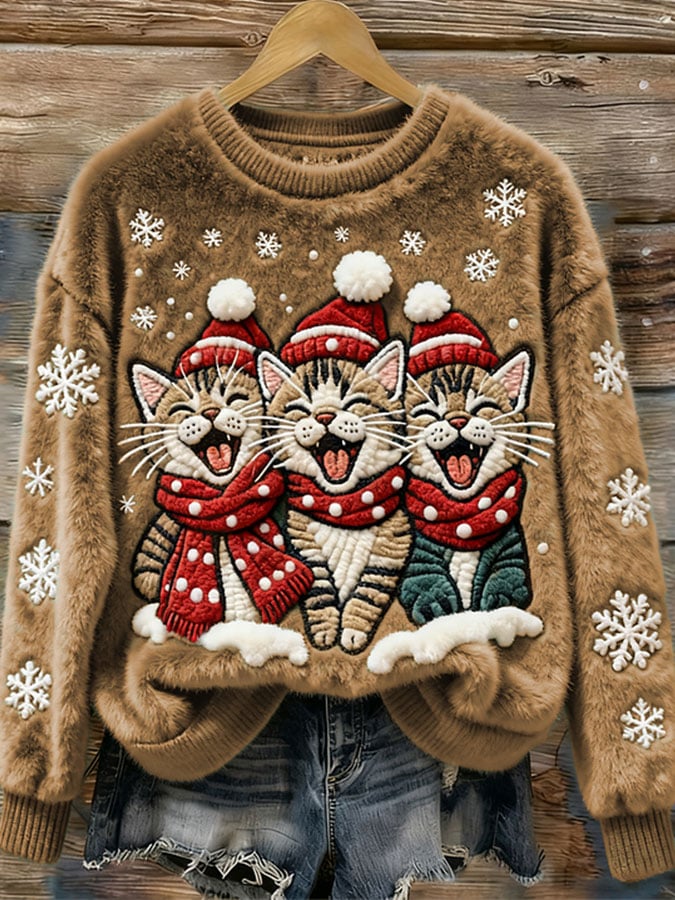 Women's Casual Christmas Cute Cat Print Long Sleeve Sweatshirt