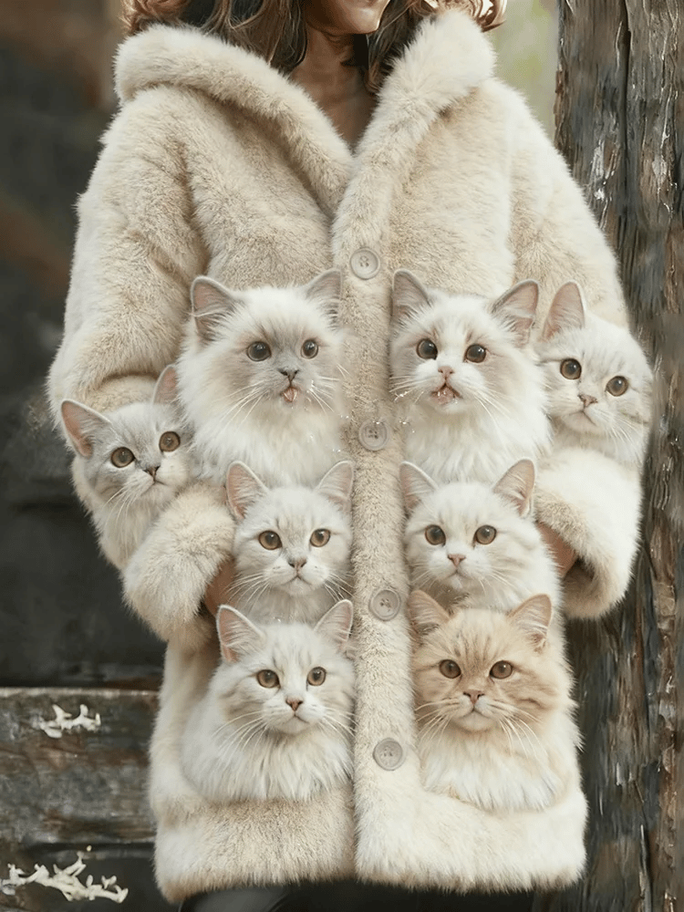 Women's Animal Cat Print Flannel Warm Jacket