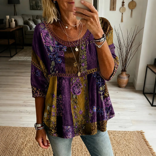 Women's Retro Purple Floral Patchwork Pattern Casual Shirt