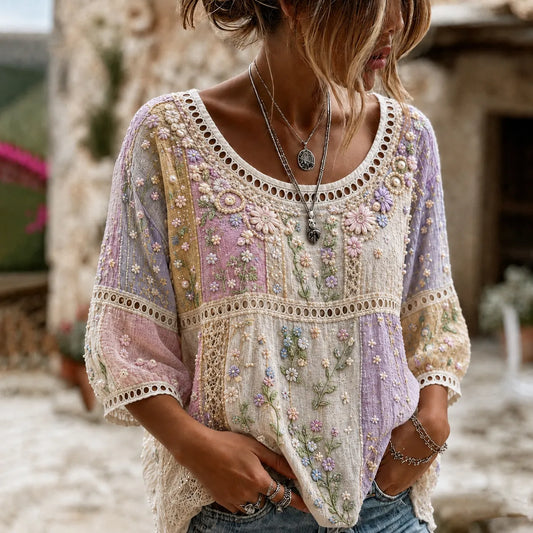 Women's Vintage Floral Embroidered Patchwork Art Crew Neck Linen Blend T-shirt