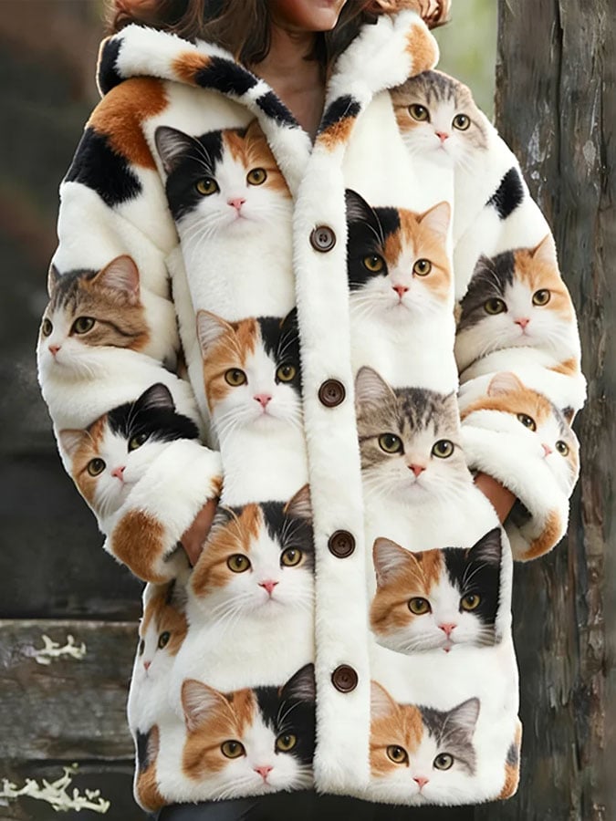 Women's Vintage Cute Cat Printed Knitted Fabric Plush Jacket