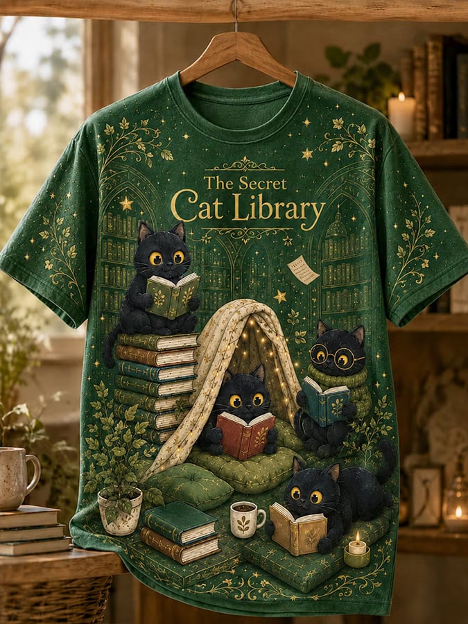Whimsical Black Cat Book Club Graphic Print T-Shirt