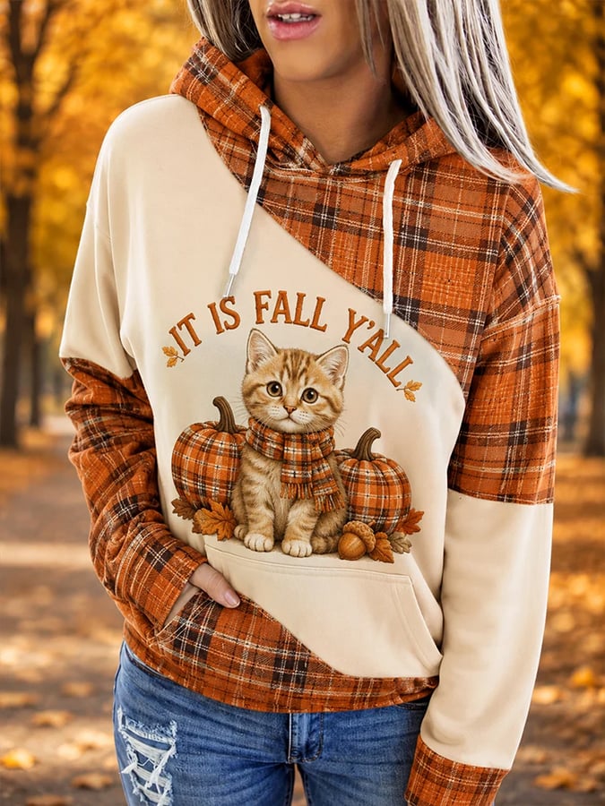 Women'S Autumn Cute Cat Pumpkin Plaid Print Casual Hoodie