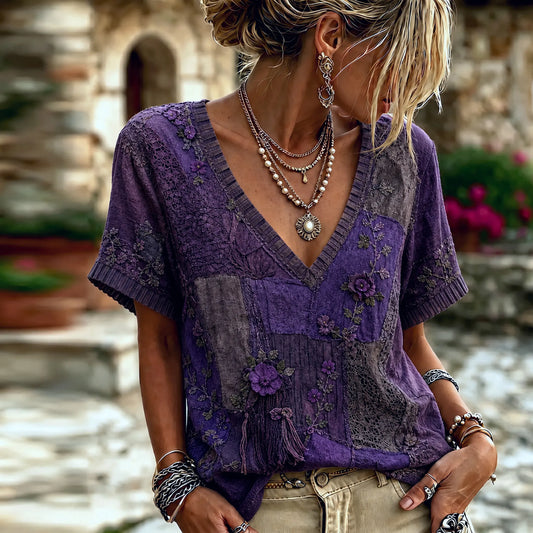 Women's Vintage Floral Patchwork Art V Neck Short Sleeve T-shirt