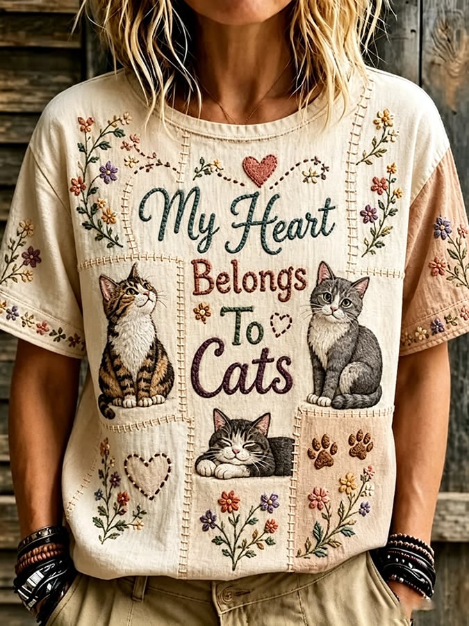 Women'S Animal Cat Floral Print T-Shirt