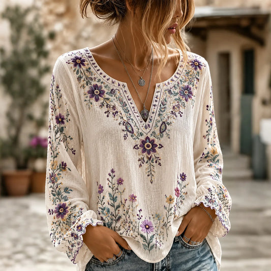 Women's Retro Boho Floral Art Cotton Linen V Neck T-shirt