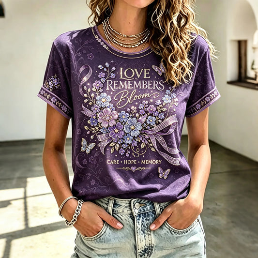 Women's Purple Flower Alzheimer's Awareness Pattern Short-sleeve Crew Neck T-shirt
