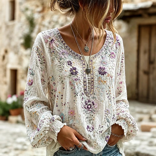Women's Retro Boho Floral Art Cotton Linen Crew Neck T-shirt