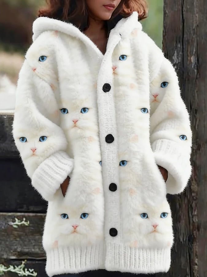 Women's Casual Cat Print Cardigan