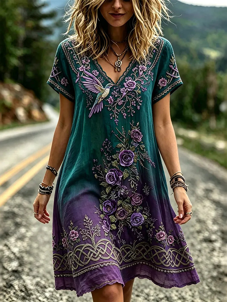 Women's Retro Hummingbird Floral Gradient Cotton Linen V-neck Short Sleeve Cotton Linen Dress