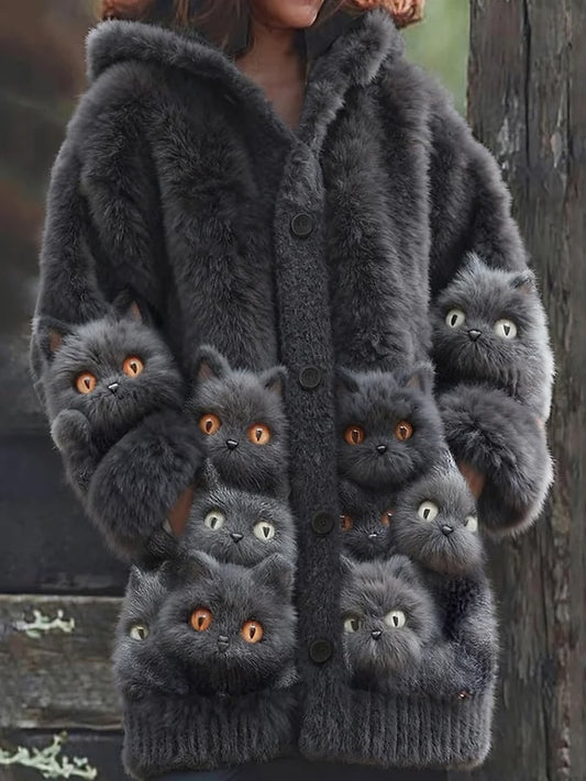 Women's Animal Fun Cat Print Flannel Warm Jacket